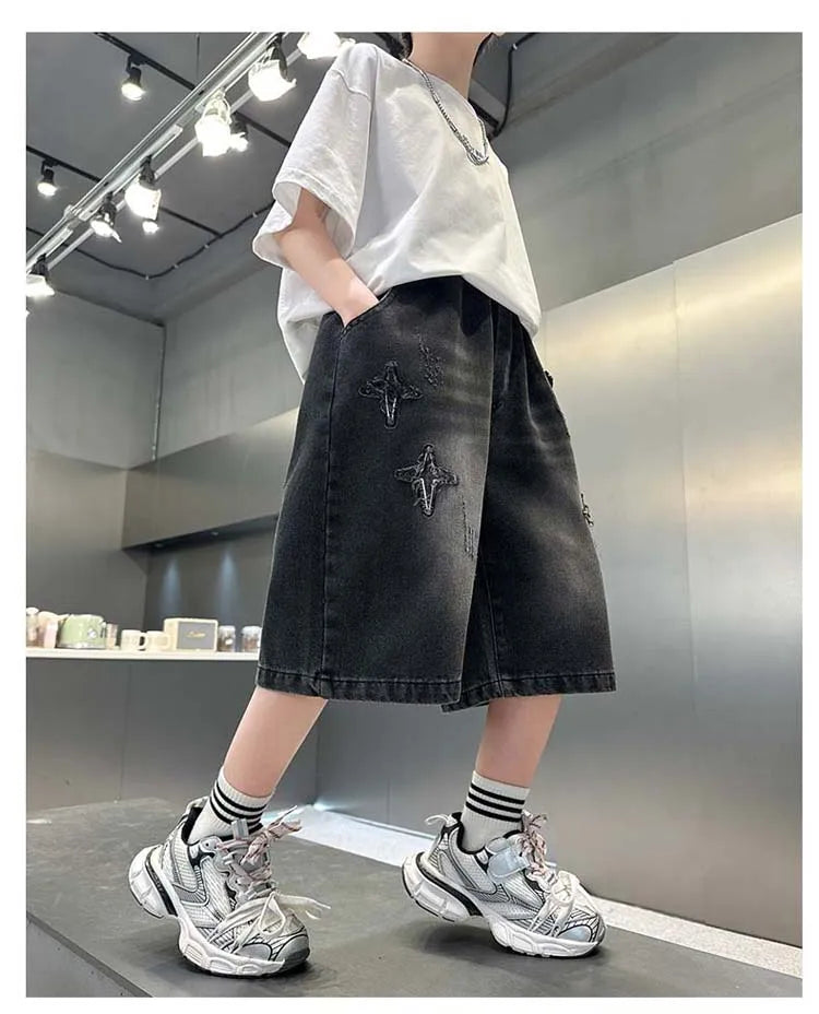 Boys Denim Shorts with Star Pattern