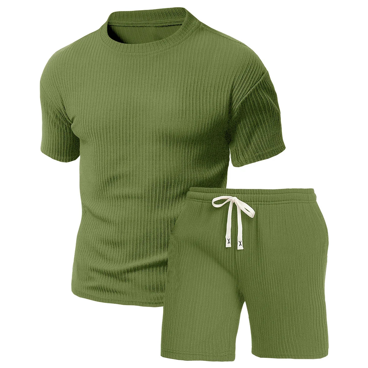 2-piece men's round neck short sleeved shorts set, textured fabric breathable and sweat wicking, suitable for outdoor hiking, travel, fitness and other sports in summer with casual sports T-shirt set