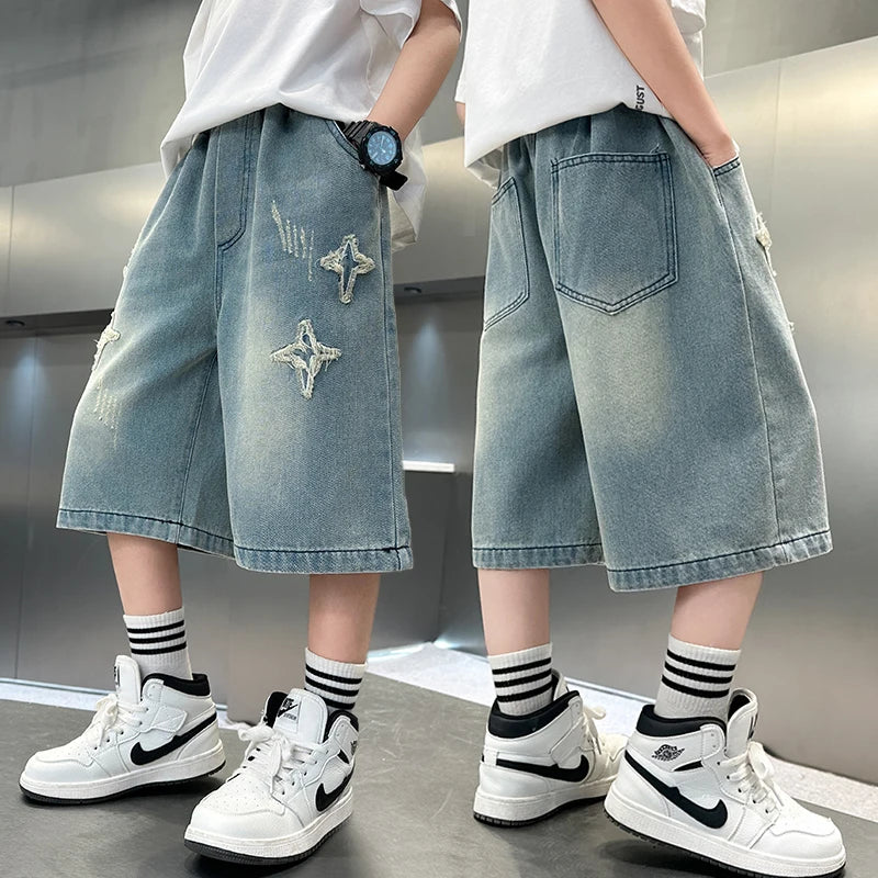 Boys Denim Shorts with Star Pattern