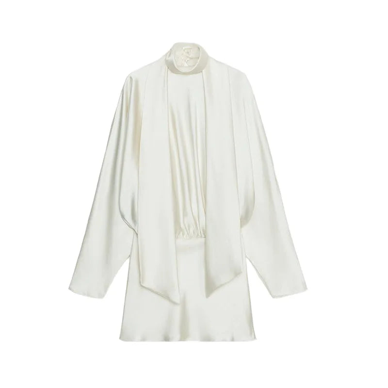 Satin Mini Dress  Scarf Collar Batwing Sleeve