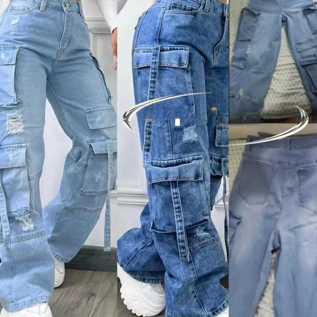 Plus Size Women's High Waist Cargo Denim