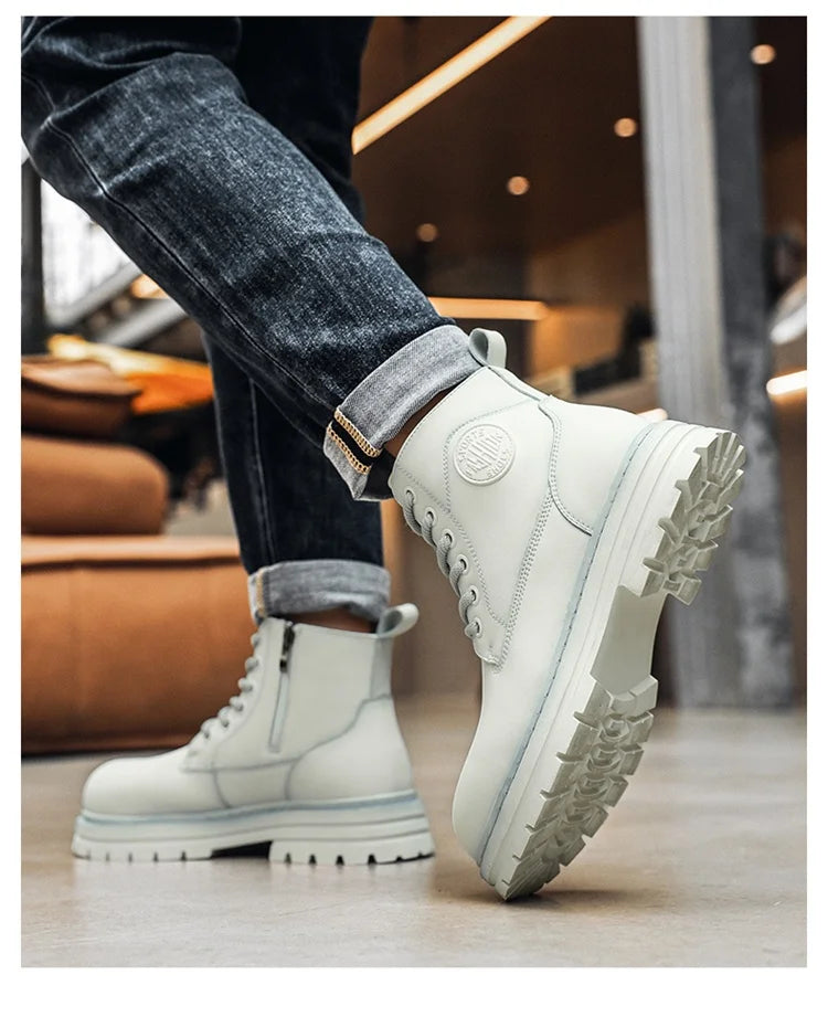 New autumn and winter men's boots rain boots high-top fashion side zipper motorcycle boots men's outdoor warm booties lacing 46