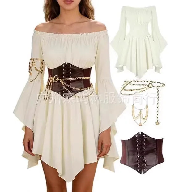 Women's Dress Suit Halloween Renaissance Medieval Pirate Dress Off-the-Shoulder Flared-Sleeve