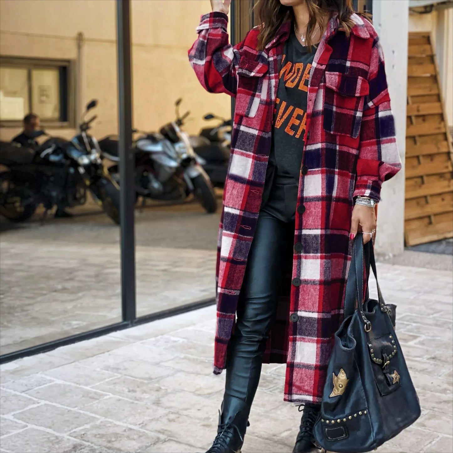 Women Coat Plaid Print Long Maxi Button Coats