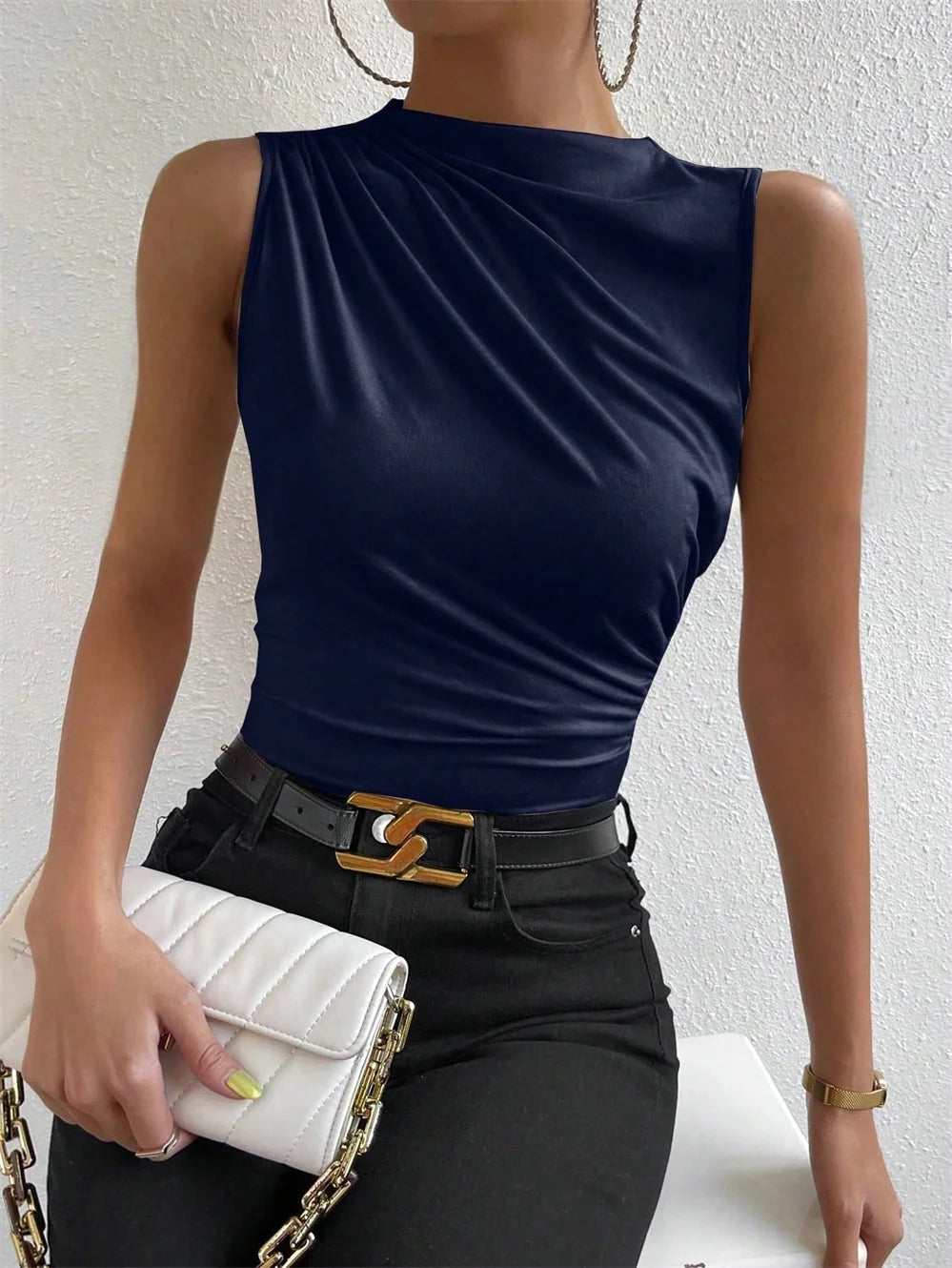Mock Neck Ruched Tank Top for Women Summer 2024 Solid Color Pleated Sleeveless Tee Shirt Tshirt Streetwear Y2K