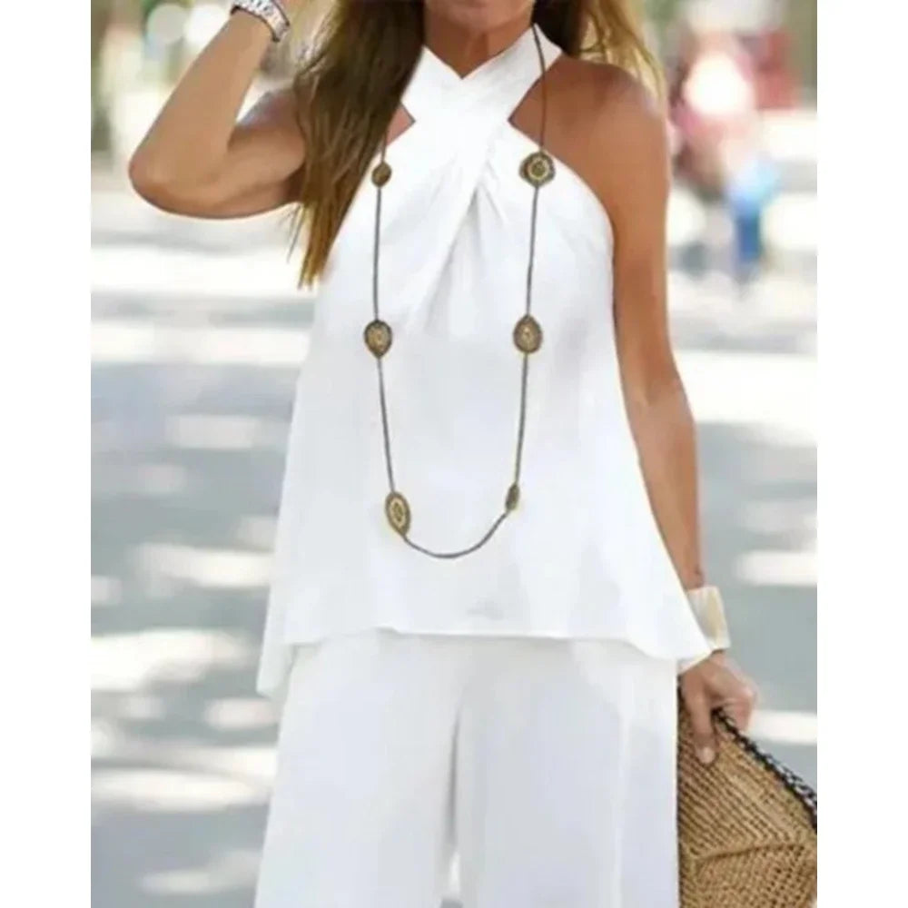Women Two-Piece Set Halter Sleeveless V-Neck Top & High Waist Pants