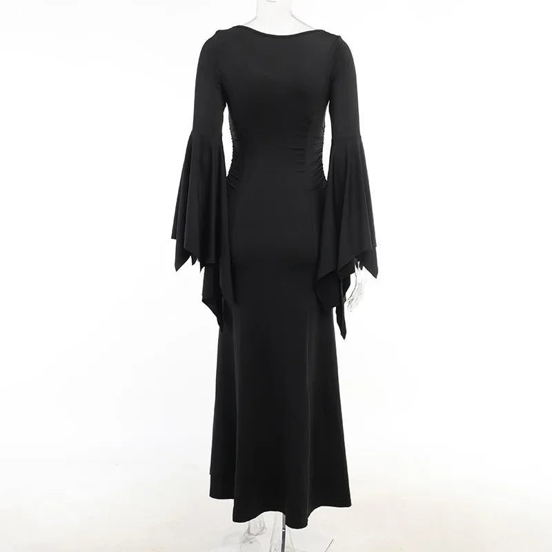 Halloween Costume Women Batwing Sleeve Floor Dress Black Gothic Evil Terror
