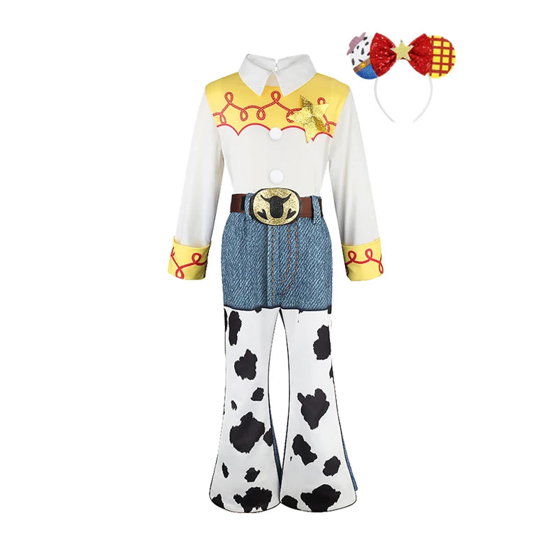 2026 Jessie Cowgirl Costume 2 Piece Set Sleeve shirt Cow Print Flared Pants Kids Cosplay Outfit
