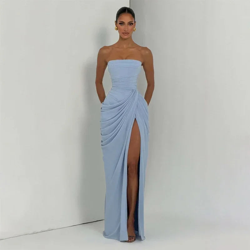 Solid Pleated Strapless Women's Dress Backless Off-shoulder