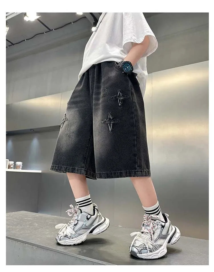 Boys Denim Shorts with Star Pattern