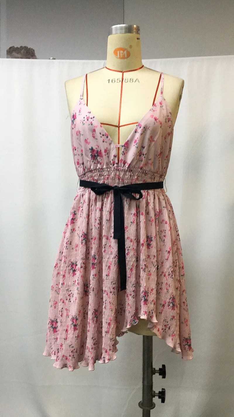 Sexy Vintage Floral Suspender Mini Dress V-Neck Irregular Hem Waist Belt Ruffle Casual Party Beach Picnic Festival