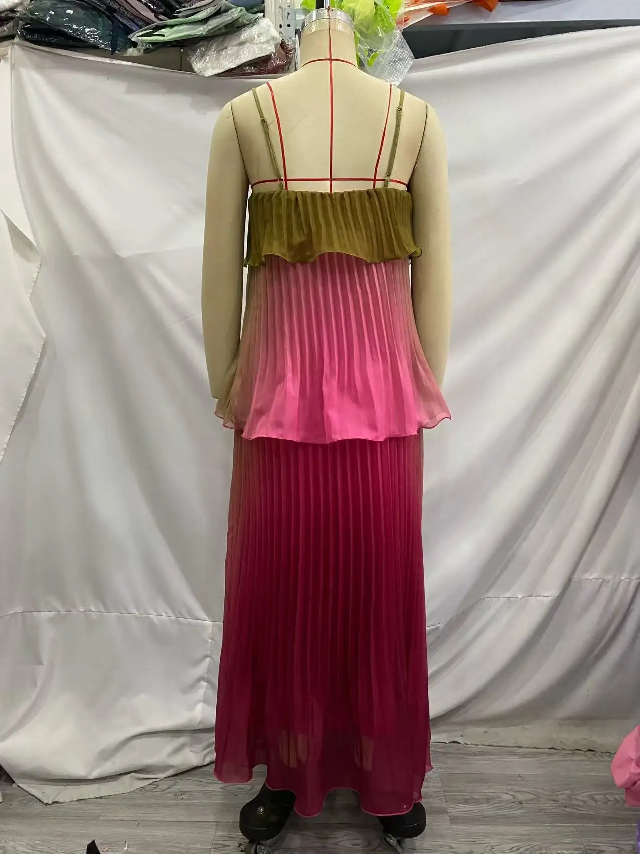 Multicolored Pleated  Maxi Dress  Spaghetti Strap Ruffle Tiered Flowy