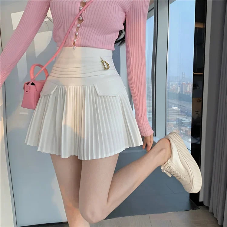 White Pleated Skirts High Waist Mini Metal Letter D A-Line