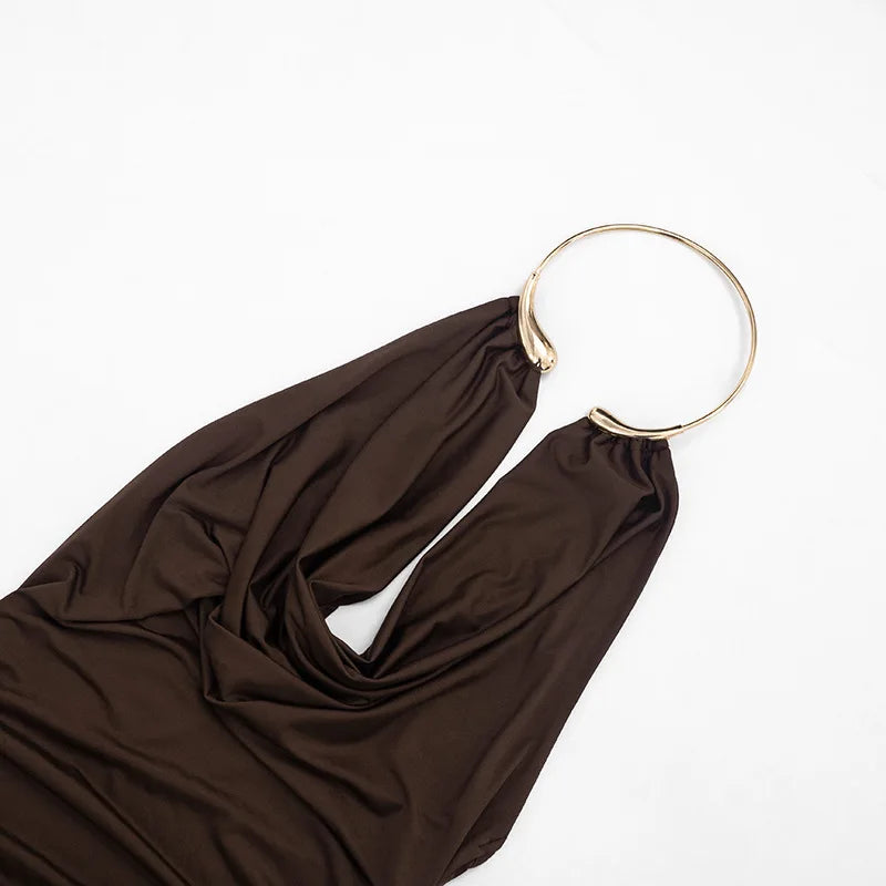 Metal Ring Halter Dress Cowl Neck Bodycon