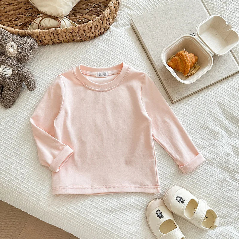 6 Colors Autumn Long Sleeve Tees Children's T-shirt Cotton Solid Color Base Coat Leisure Wear Boys Girls Tops Kids Clothes