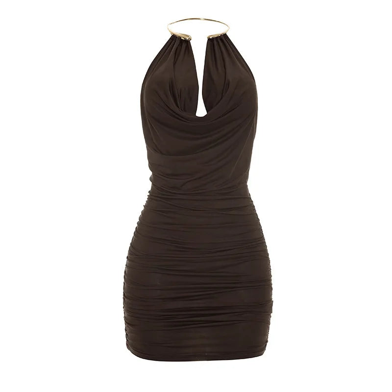 Metal Ring Halter Dress Cowl Neck Bodycon