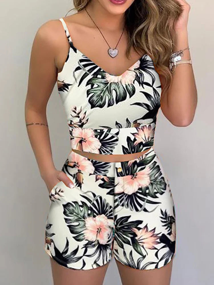 Two Piece Set Sleeveless Floral Vest Shirts + Shorts