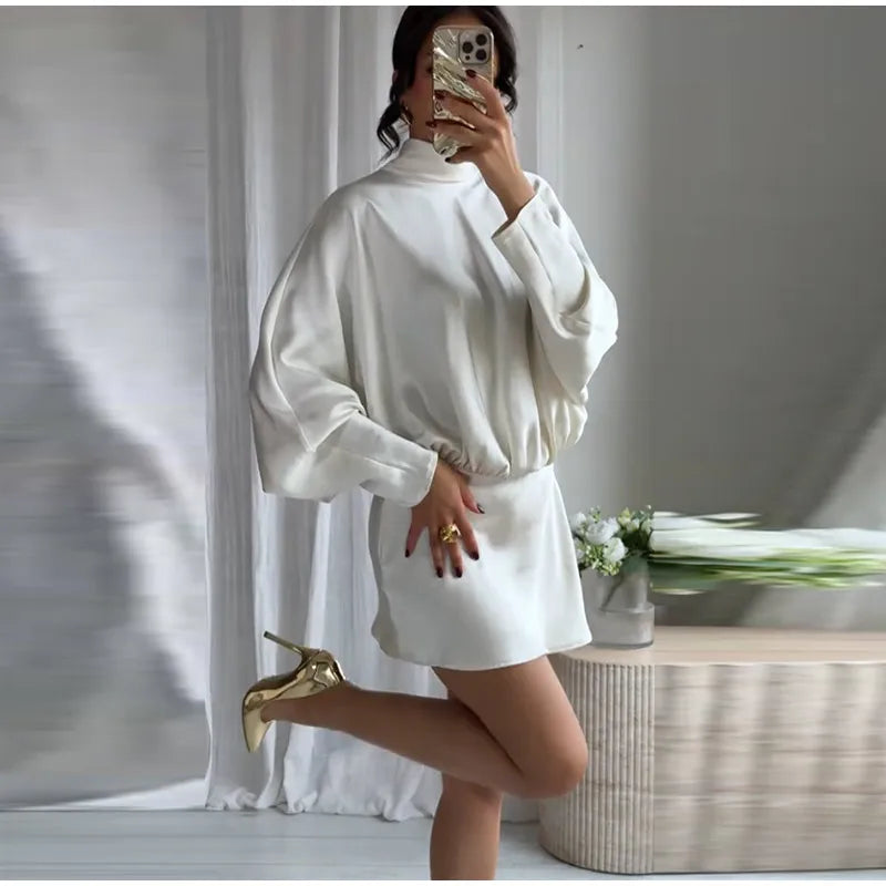 Satin Mini Dress  Scarf Collar Batwing Sleeve