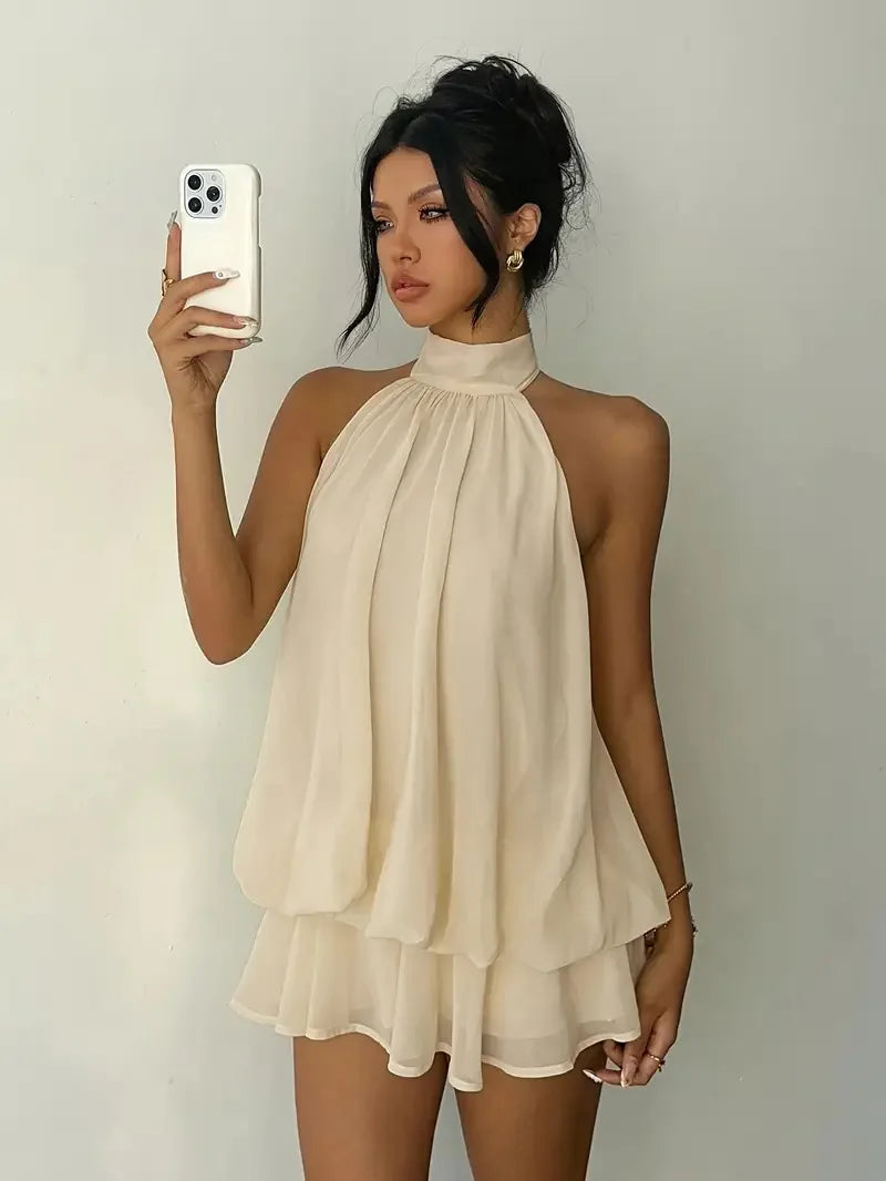 Halter Neck Backless Tie Mini Dress