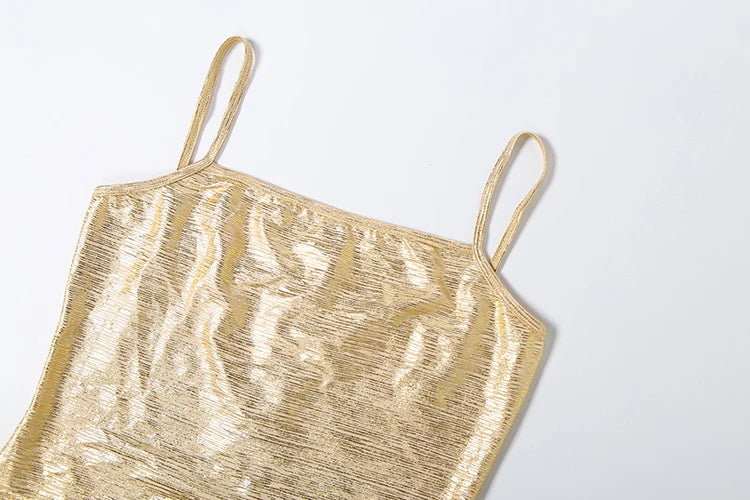 Shiny Gold Sling Dress  Low-Neck Backless Sleeveless