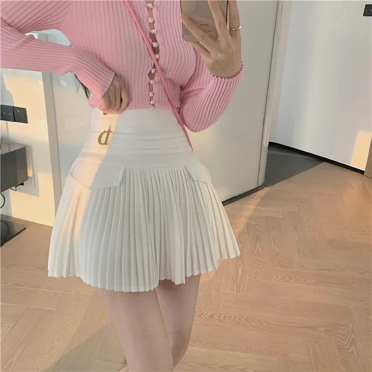 White Pleated Skirts High Waist Mini Metal Letter D A-Line