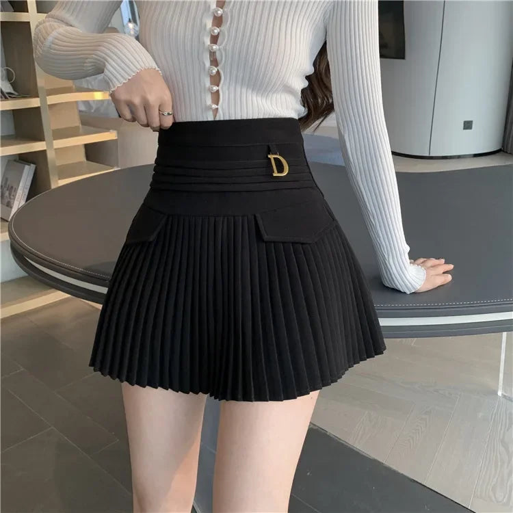 White Pleated Skirts High Waist Mini Metal Letter D A-Line
