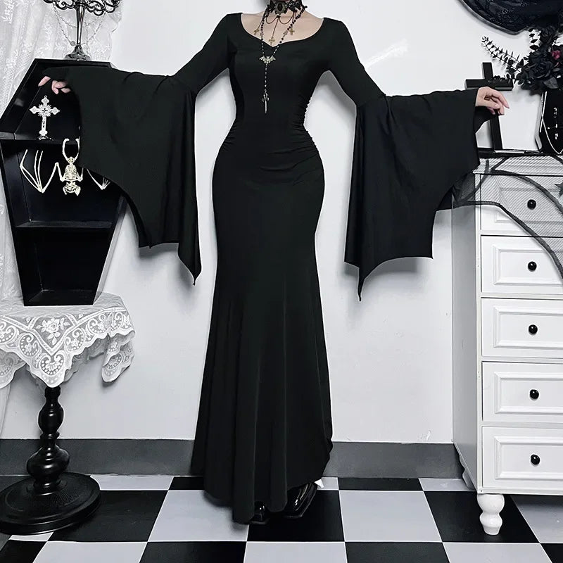 Halloween Costume Women Batwing Sleeve Floor Dress Black Gothic Evil Terror