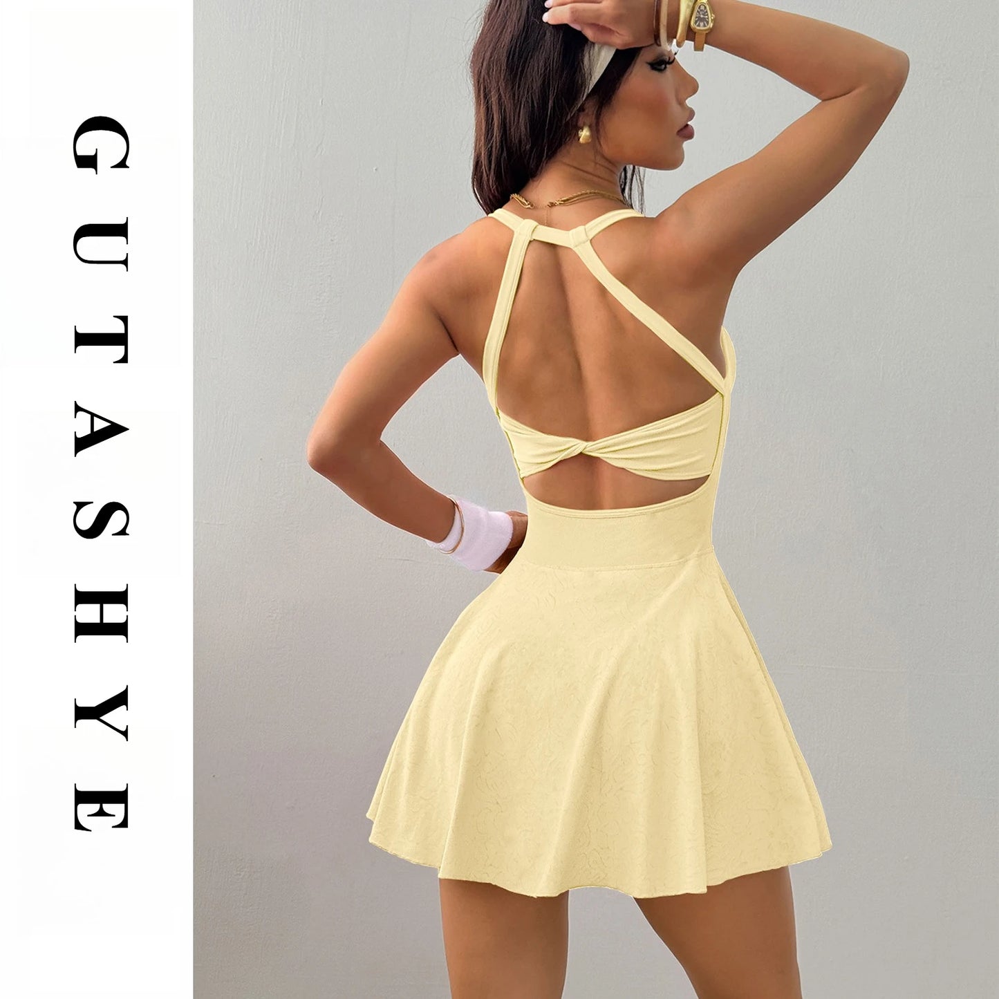 Women Naked Feel Yoga Tennis Dress With Pockets Quick Dry Breathable Anti-Exposure Running Fitness Sports Dress