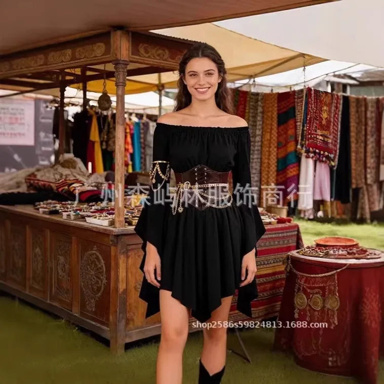 Women's Dress Suit Halloween Renaissance Medieval Pirate Dress Off-the-Shoulder Flared-Sleeve