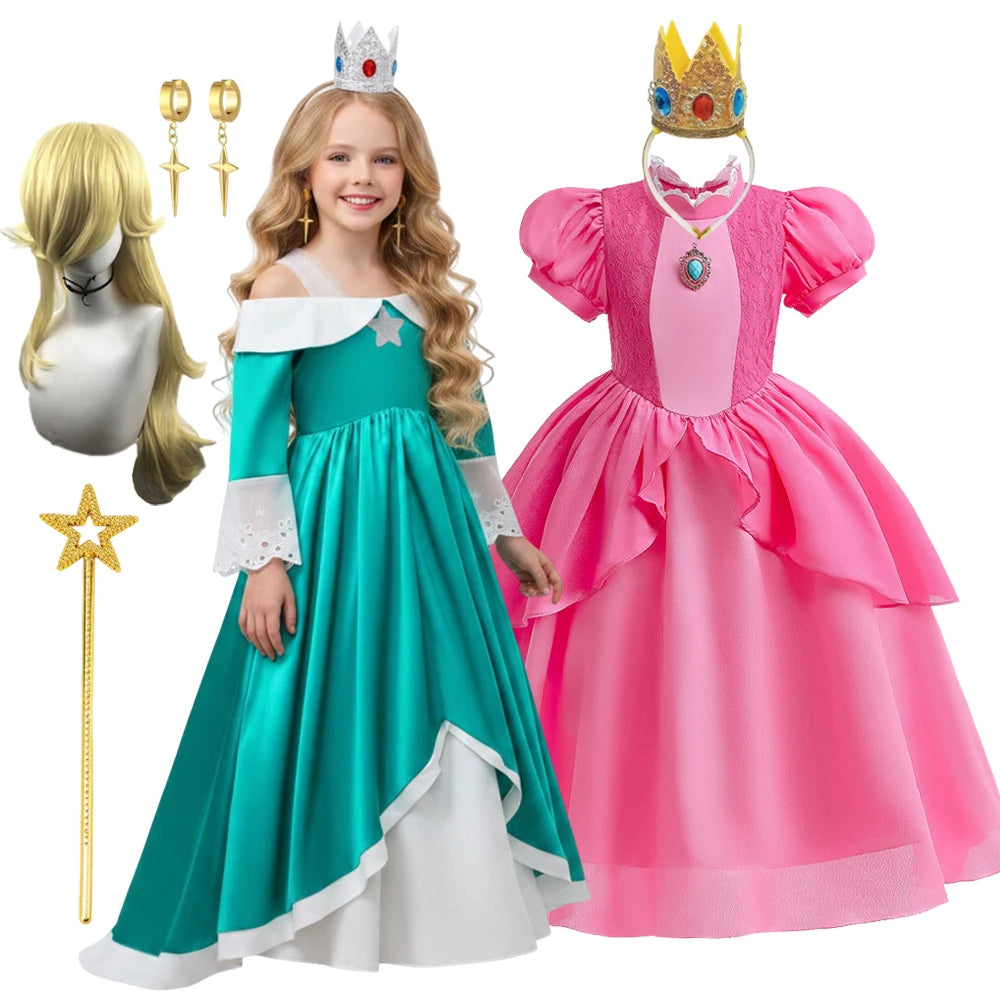 2026 Movie Girls Princess Dress Up Rosalina Peach Cosplay Outfit Children Girl Halloween Cosplay Costume Gown