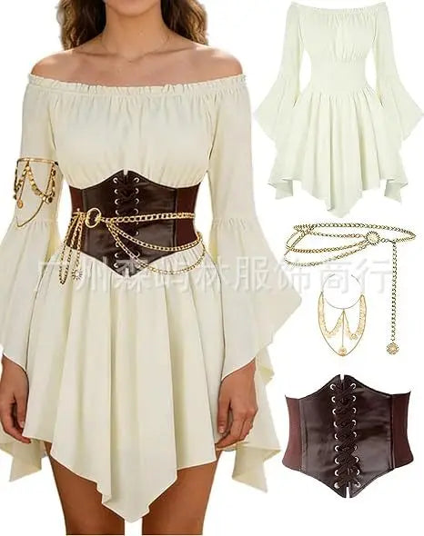 Women's Dress Suit Halloween Renaissance Medieval Pirate Dress Off-the-Shoulder Flared-Sleeve