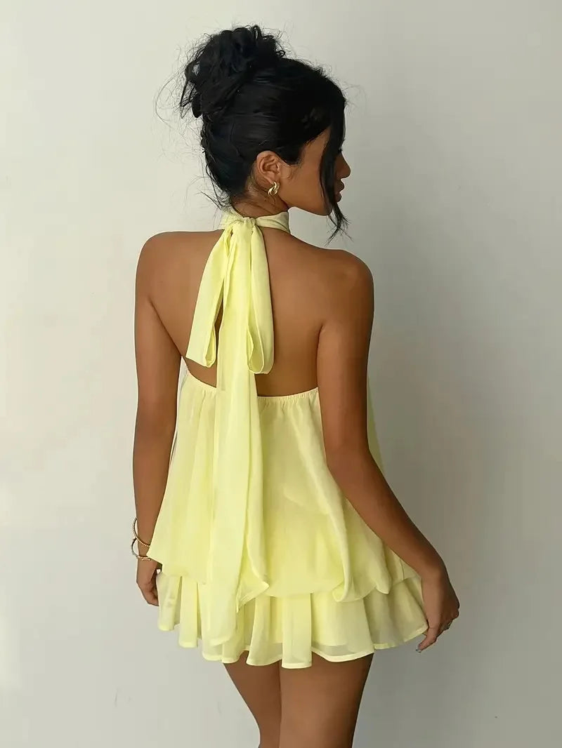 Halter Neck Backless Tie Mini Dress