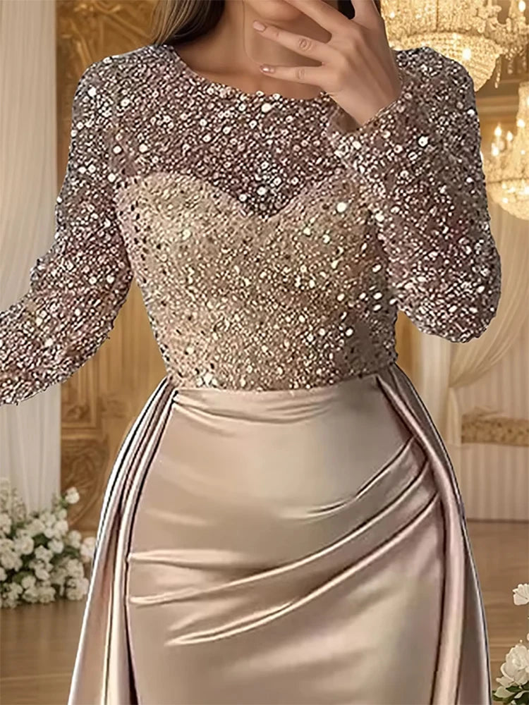 Sequin Evening Crew Neck Gold Long Sleeve Ruched Tiered Bodycon Dress
