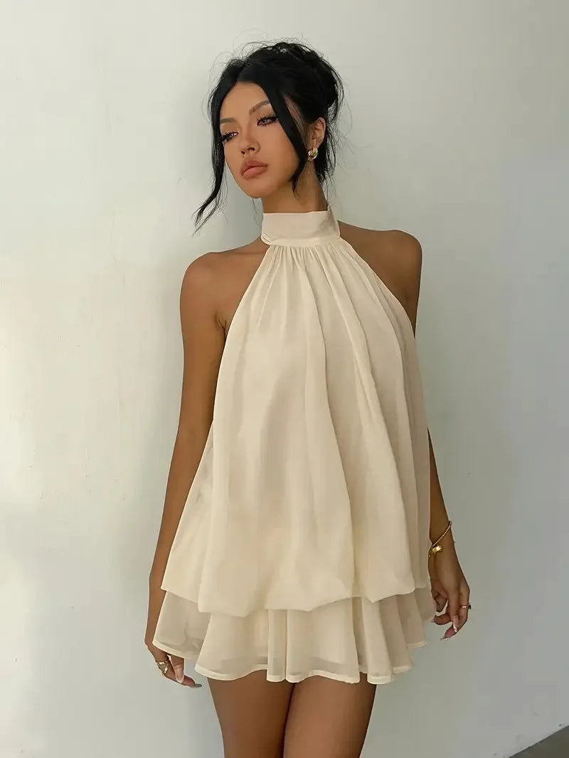 Halter Neck Backless Tie Mini Dress