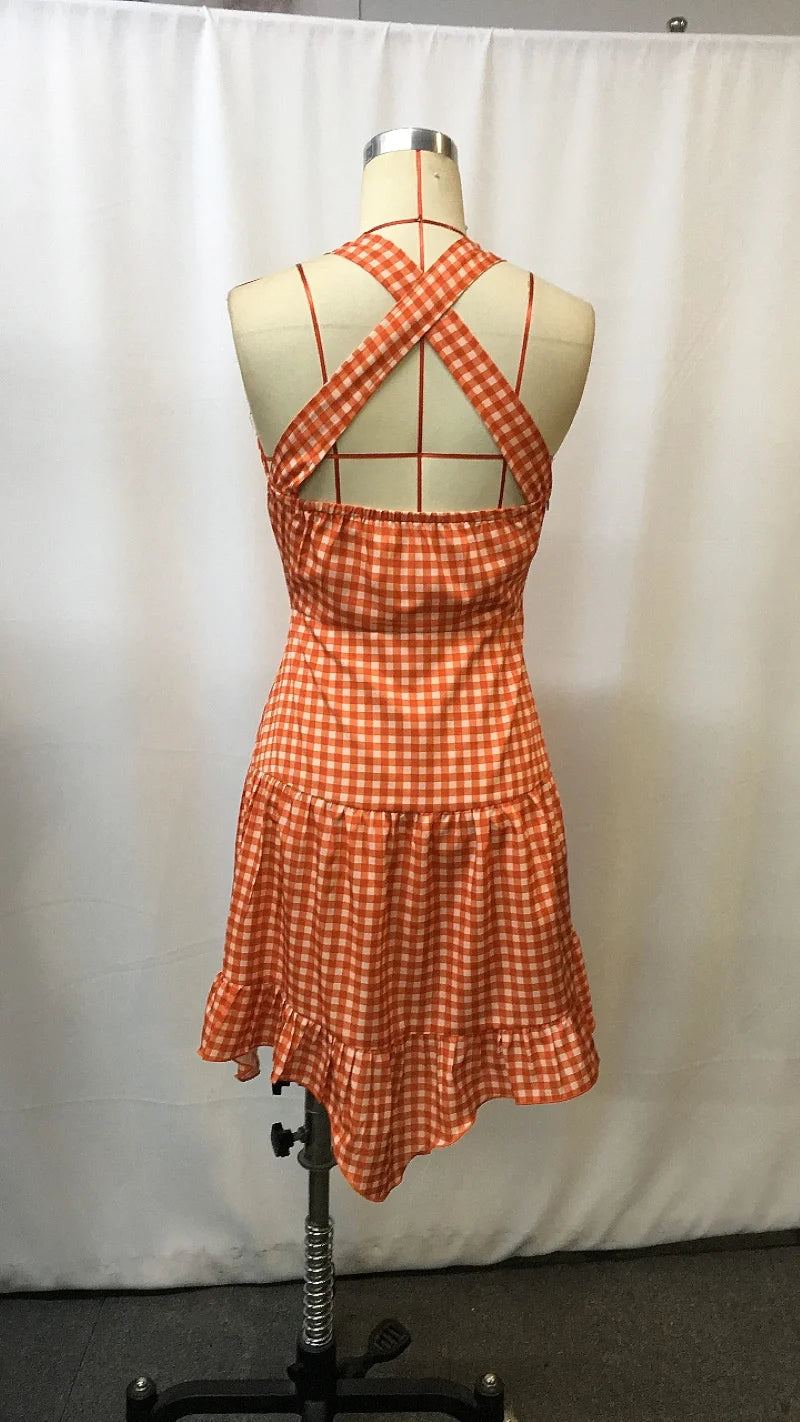 Sexy Retro Western Cowboy Plaid Halter Mini Dress Deep V-Neck Ruffle Asymmetric Hem Casual Beach Picnic Party Festival