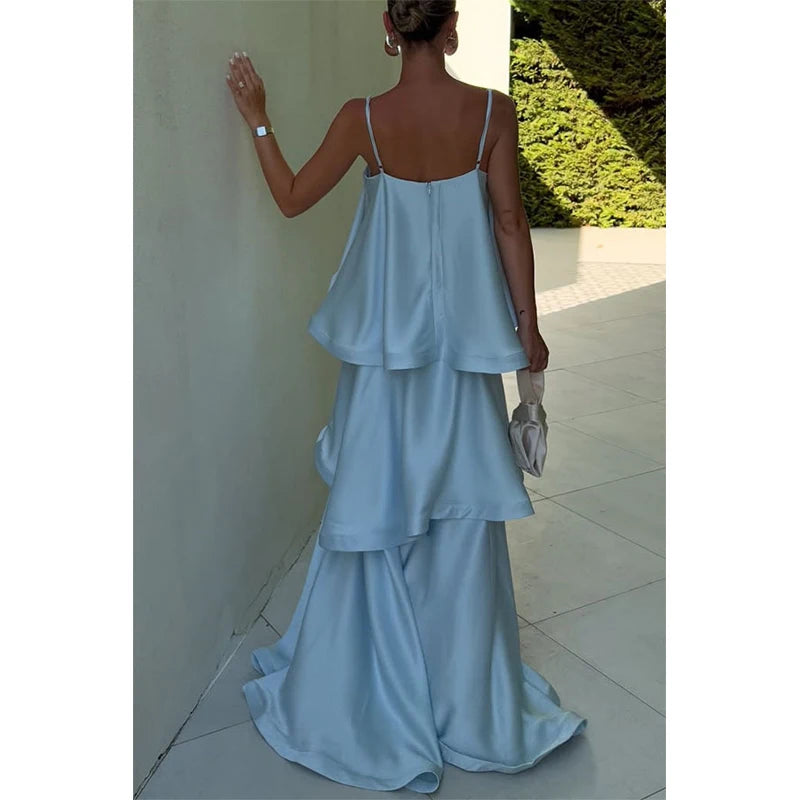 Multicolored Pleated  Maxi Dress  Spaghetti Strap Ruffle Tiered Flowy