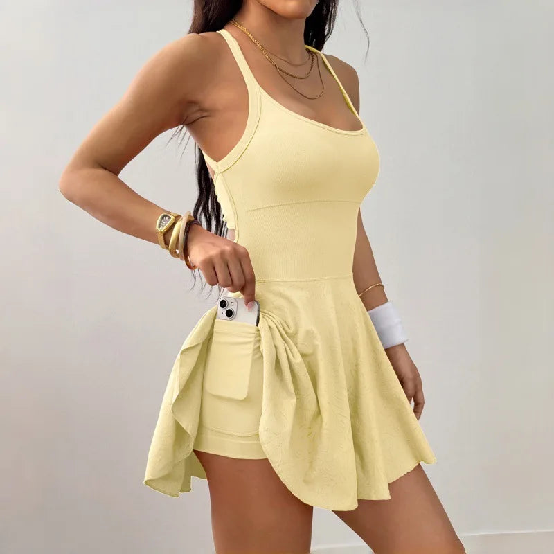 Women Naked Feel Yoga Tennis Dress With Pockets Quick Dry Breathable Anti-Exposure Running Fitness Sports Dress