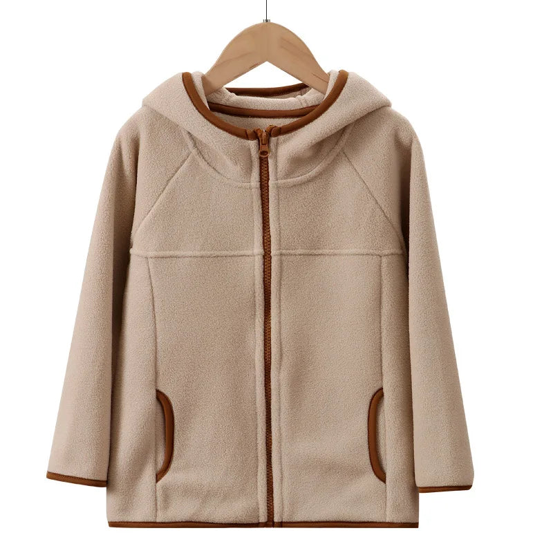Children's Fleece Jacket Autumn Winter Casual Warm Teen Boys Girls Hooded Outerwear Anti-Static Windproof Cozy Kids Tops Clothes