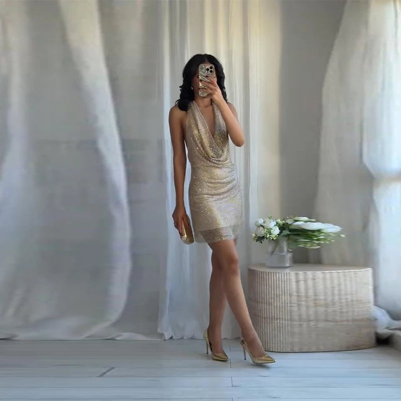 Diamond Halter Backless V Neck Dress
