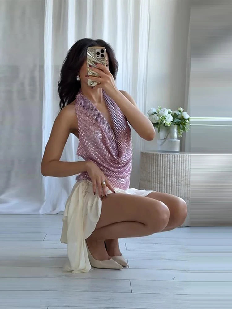 Diamond Halter Backless V Neck Dress