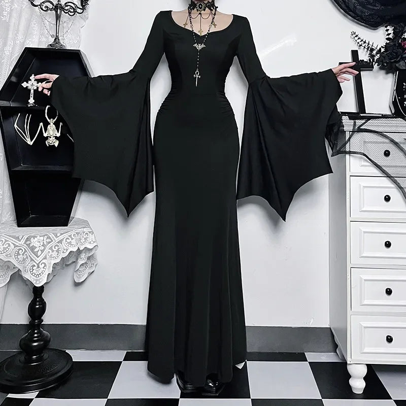 Halloween Costume Women Batwing Sleeve Floor Dress Black Gothic Evil Terror