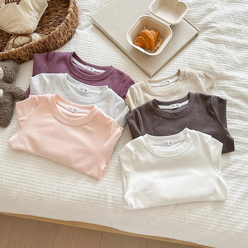 6 Colors Autumn Long Sleeve Tees Children's T-shirt Cotton Solid Color Base Coat Leisure Wear Boys Girls Tops Kids Clothes