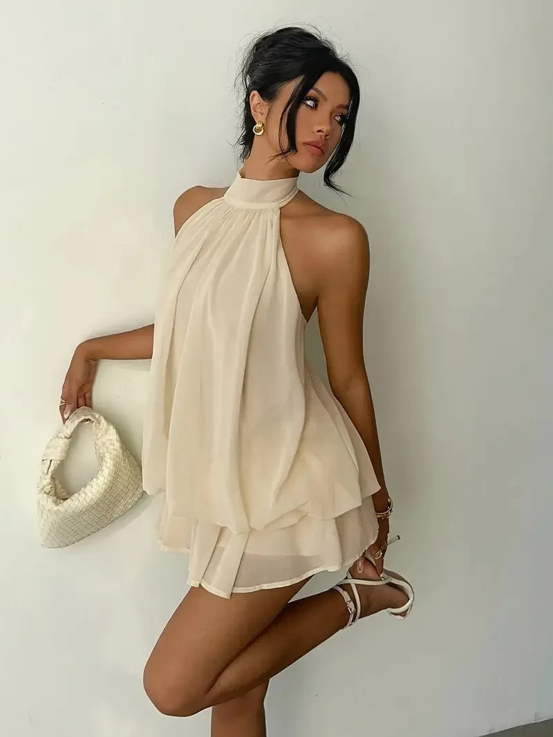 Halter Neck Backless Tie Mini Dress