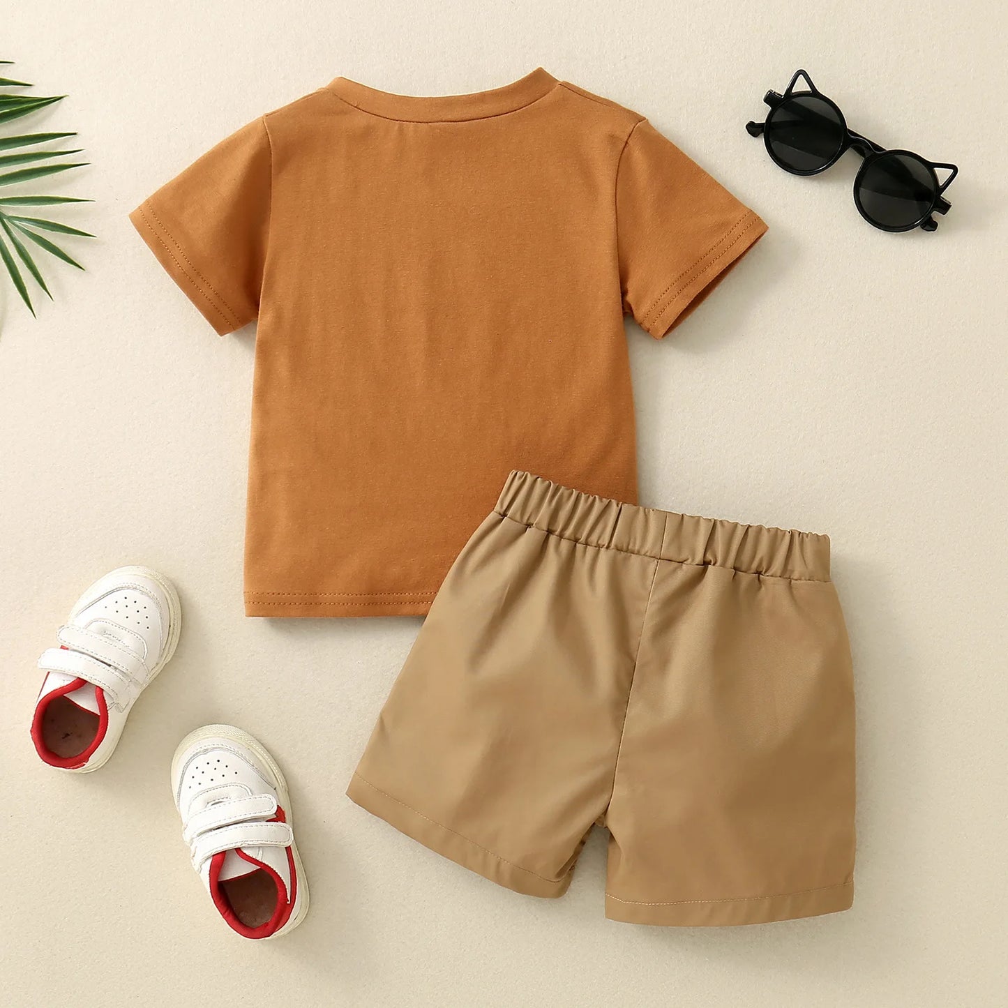 2PCS Spring and Summer Boy Short Sleeve Open Collar Spliced Shirt Decorative Drawstring Shorts Skin Friendly Cotton Shirt