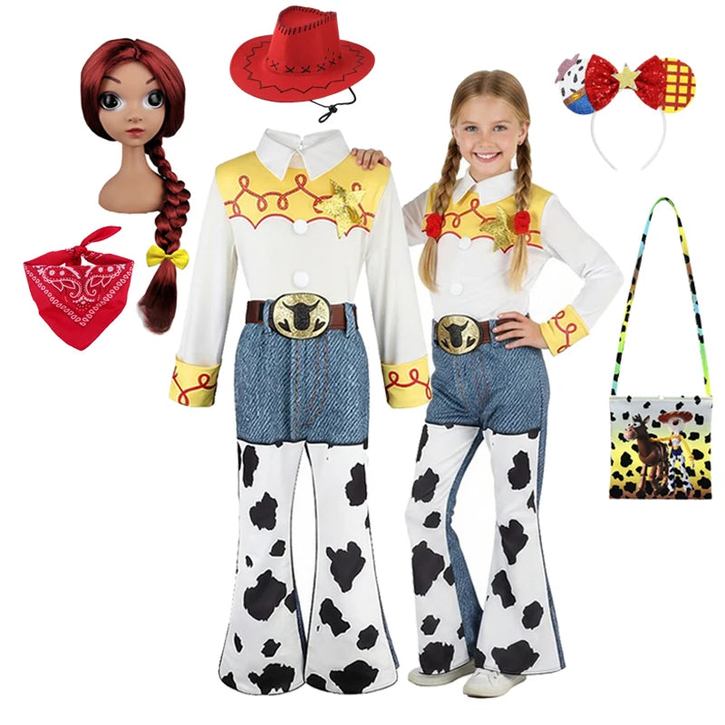2026 Jessie Cowgirl Costume 2 Piece Set Sleeve shirt Cow Print Flared Pants Kids Cosplay Outfit