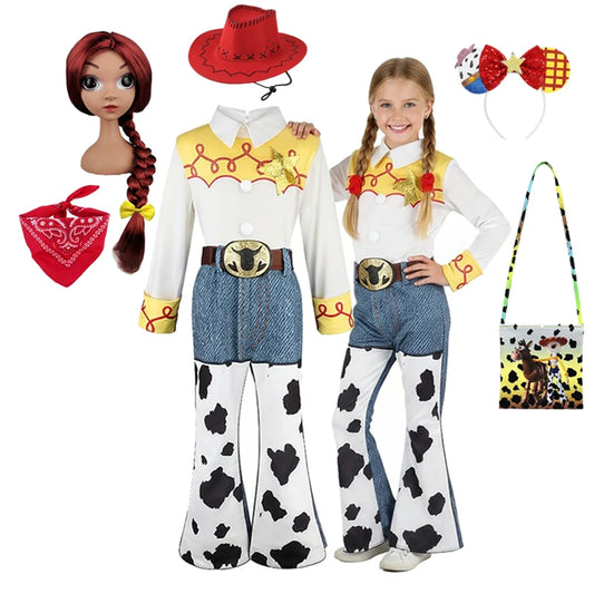 2026 Jessie Cowgirl Costume 2 Piece Set Sleeve shirt Cow Print Flared Pants Kids Cosplay Outfit