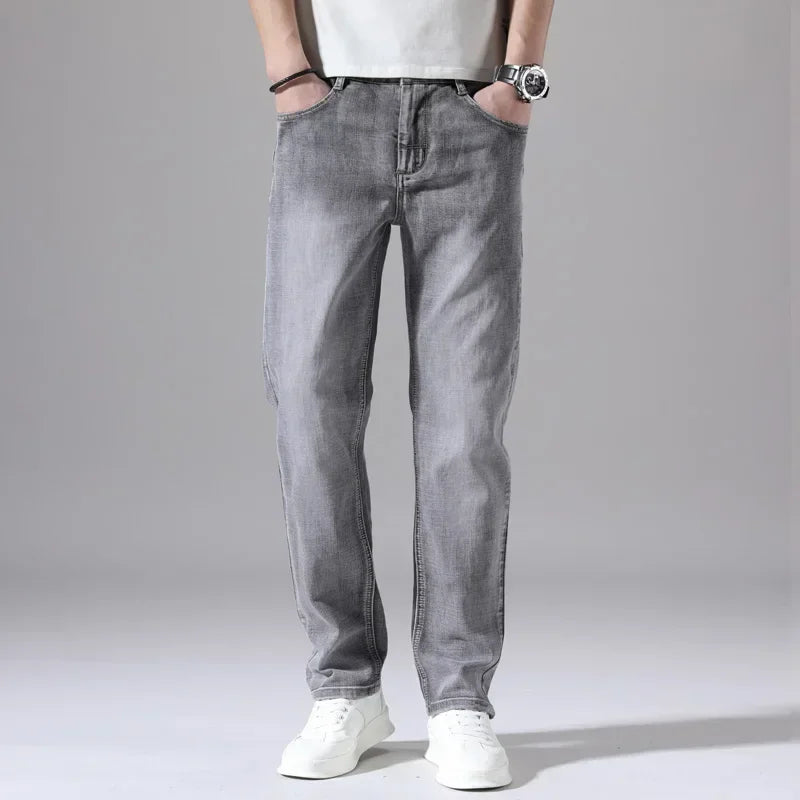 Men's Thin Denim Jeans Cotton Stretch Grey