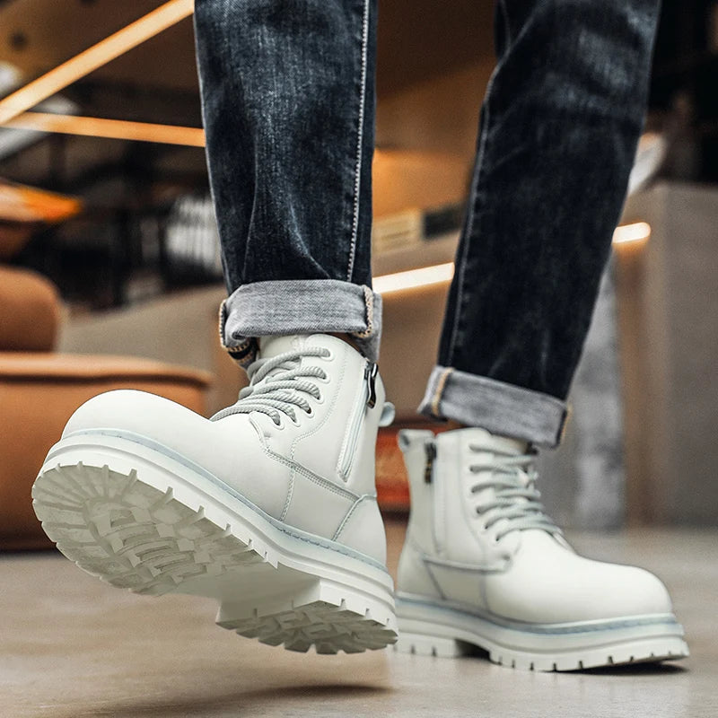 New autumn and winter men's boots rain boots high-top fashion side zipper motorcycle boots men's outdoor warm booties lacing 46