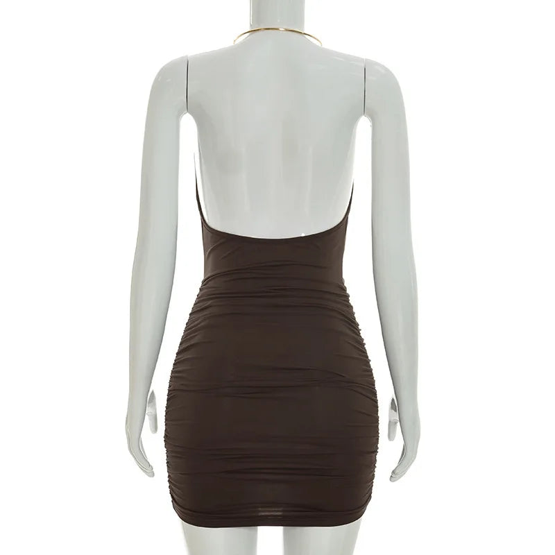 Metal Ring Halter Dress Cowl Neck Bodycon