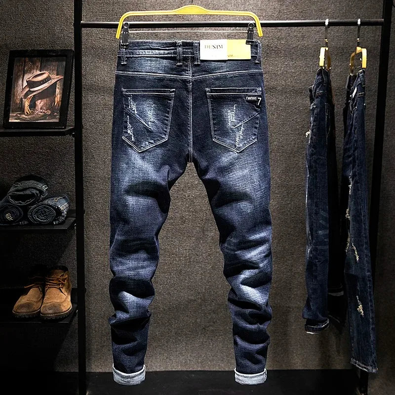 Elastic Straight Jeans Men Ripped Worn-out Slim-fit